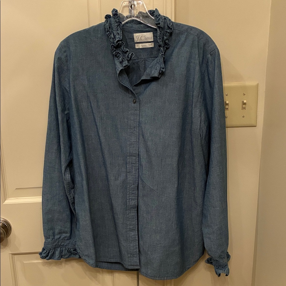 J Crew chambray ruffle  neck shirt
